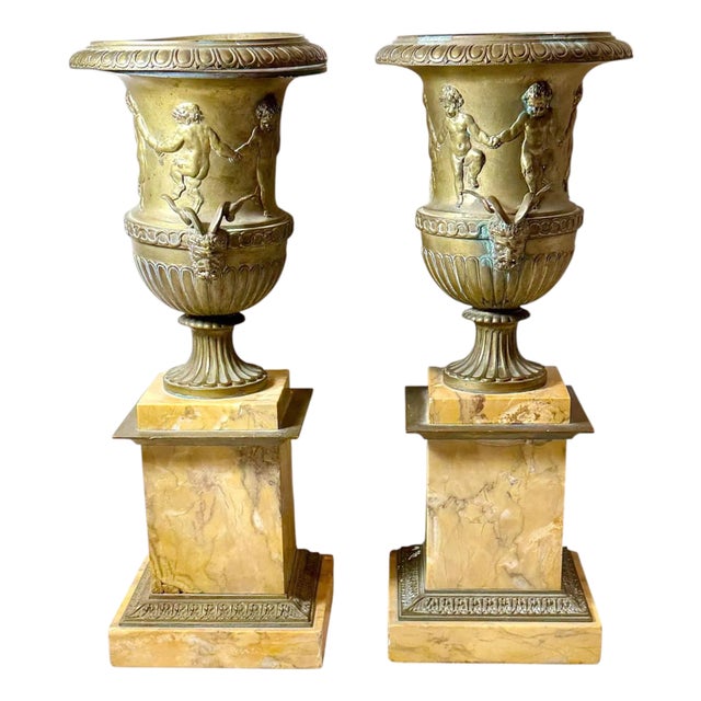 French Borghese Urns on Sienna Marble Plinths - A Pair For Sale