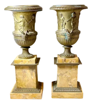 French Borghese Urns on Sienna Marble Plinths - A Pair