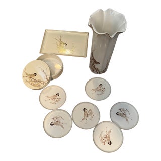 Vintage 1980s 9-Piece Otagiri Japan Chickadee & Pussy Willow Vanity and Desk Set For Sale