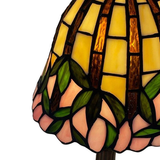 Tiffany Style Table Lamp with Stained Glass Shade and Decorative Base, 1980s For Sale - Image 3 of 6