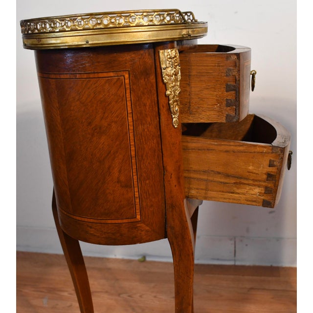 Brown 1880 Antique French Louis XV Walnut Inlaid Marble Top Nightstands Bedside Tables For Sale - Image 8 of 16