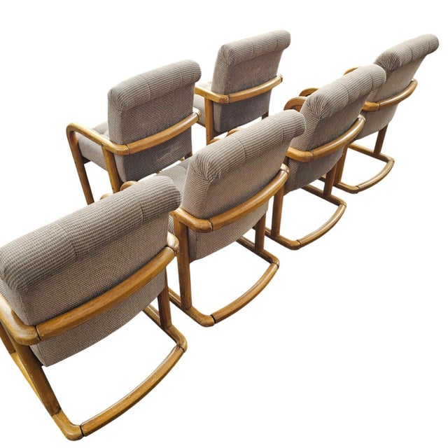 Tan Vintage 70s MCM Style Bentwood Cantilever Upholstered Dining Chairs Set of 6 For Sale - Image 8 of 18