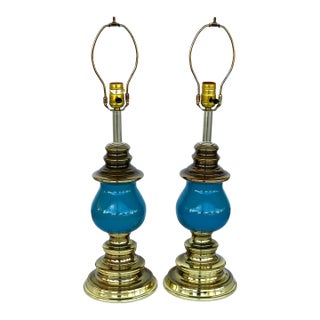 1960s Mid-Century Hollywood Regency Teal Enamel & Brass-Plated Table Lamps - A Pair For Sale