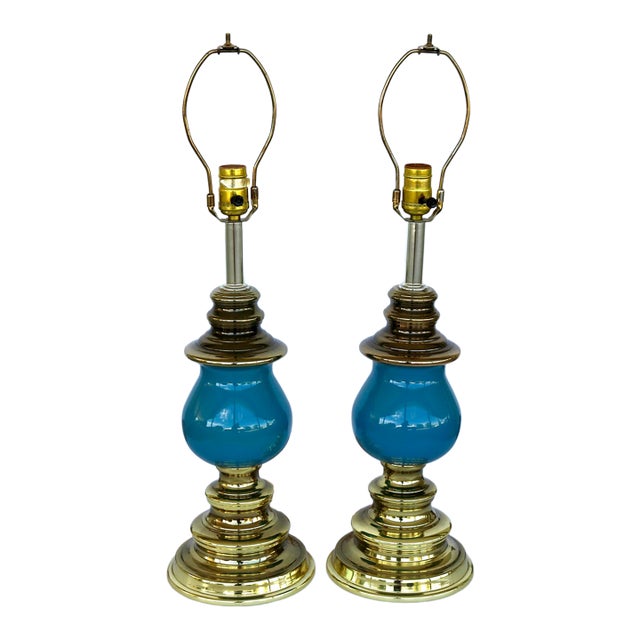 1960s Mid-Century Hollywood Regency Teal Enamel & Brass-Plated Table Lamps - A Pair For Sale