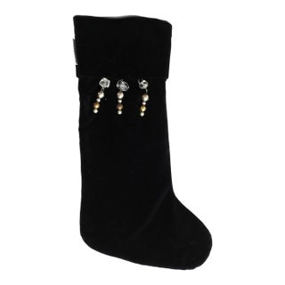 1990s Pamela Robins Chicago Black Velvet Stocking With Beaded Crystal Charms For Sale