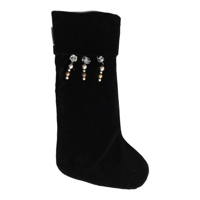 1990s Pamela Robins Chicago Black Velvet Stocking With Beaded Crystal Charms For Sale