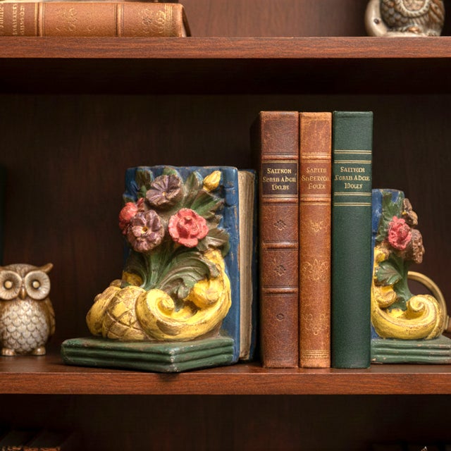 This pair of chalkware bookends reflects early-twentieth-century molded plaster production associated with baroque-...