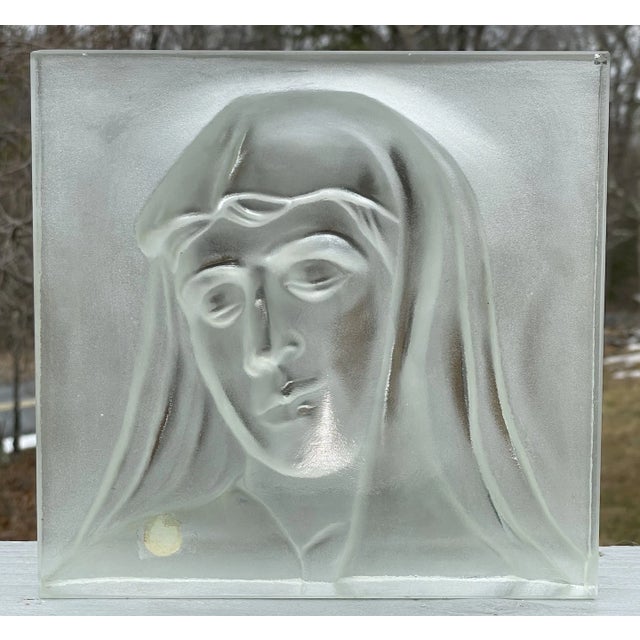 Deco - Mid Century Vintage Frosted Art Glass Madonna Statuette Crystal Plaque For Sale - Image 9 of 17