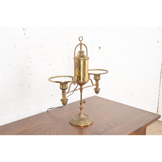 Art Deco Antique Tiffany Studios Style Brass Double Arm Student Lamp, Circa 1910 For Sale - Image 3 of 12