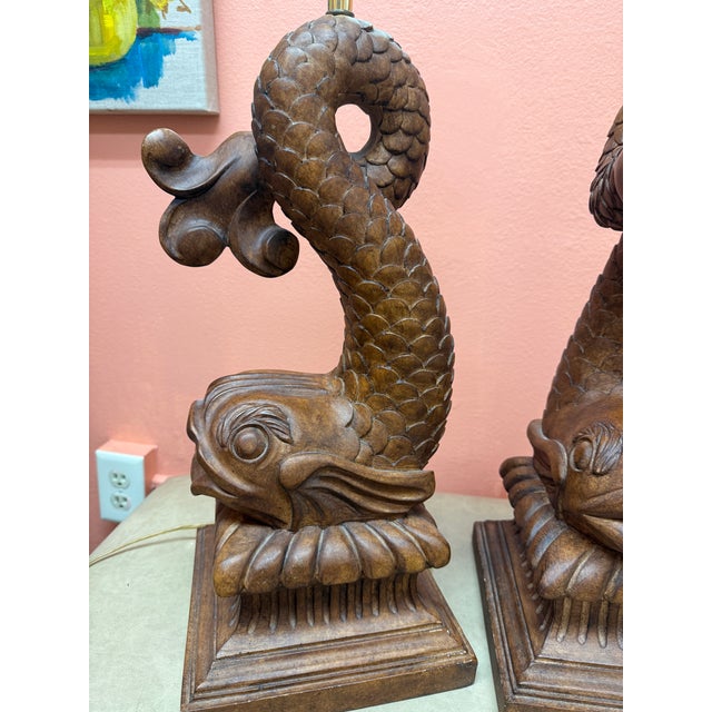 1940s Vintage Wood Koi/Dolphin Lamps, a Pair, Hand Carved, Mid 20th Century For Sale - Image 5 of 10