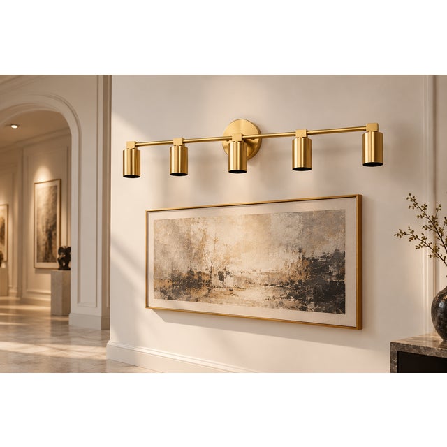 Contemporary Handcrafted Brass 5-Light Vanity Sconce, Cylinder Bathroom Mirror & Wall Light For Sale - Image 3 of 8