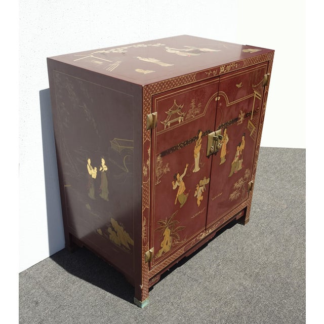 Wood Vintage Chinese Asian Burgundy Lacquer Floral Chinoiserie Cabinet ~ Side Table For Sale - Image 7 of 17