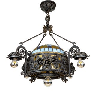 Art Nouveau Revival Wrought Iron Chandelier with Floral Stained Glass, Italy, 1950s For Sale