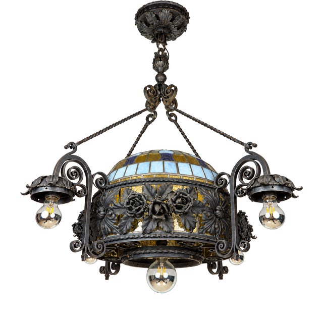 Art Nouveau Revival Wrought Iron Chandelier with Floral Stained Glass, Italy, 1950s For Sale