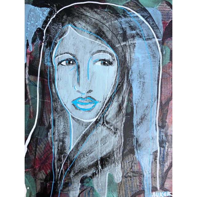 This portrait is a heavily textured mixed media composition. Acrylic paint, ink, paper and fabric are involved.COA...