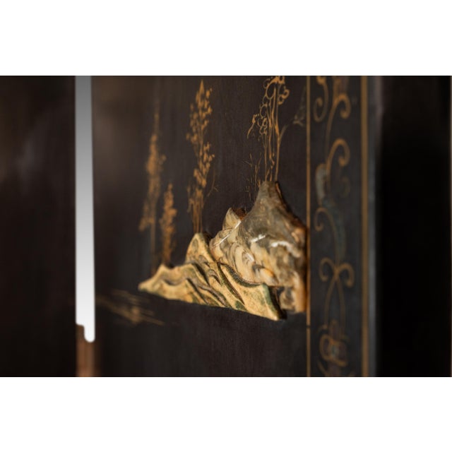 Black Antique Chinese Black Lacquered Four Panel Folding Screen Room Divider With Carved Hardstone, China, Circa 1950s For Sale - Image 8 of 18