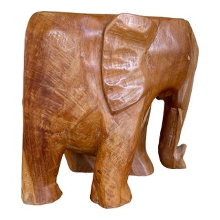 Vintage Hand-Carved Wooden Elephant Sculpture Figurine, Wood Decorative Animal Figure For Sale