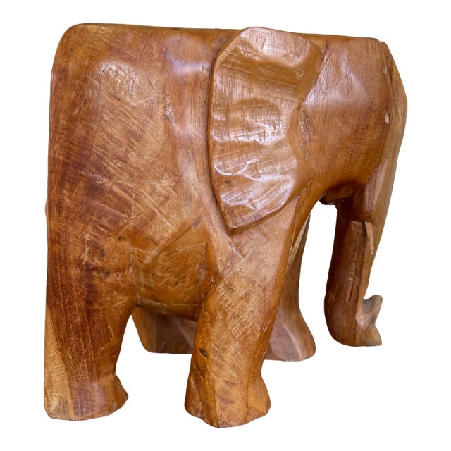 Vintage Hand-Carved Wooden Elephant Sculpture Figurine, Wood Decorative Animal Figure For Sale