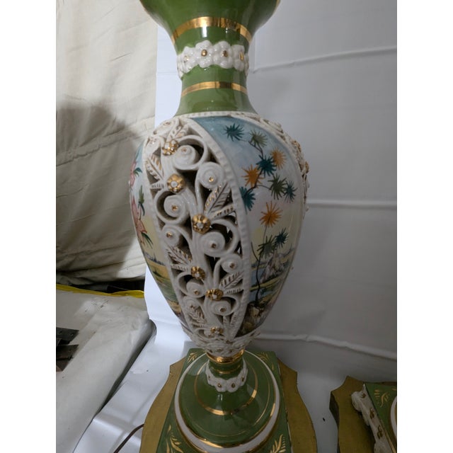 Metal A Pair of Capodimonte 1930's Table Lamps With Brass Base and Double Bulbs For Sale - Image 7 of 7