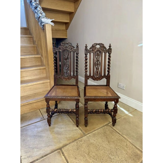 Stylish set of eight antique Victorian quality carved oak dining chairs, having a quality carved oak back with barley...