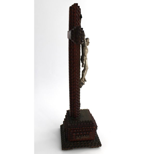 Brown Rare Antique French Tramp Art Standing Crucifix, Hand Carved Folk Art For Sale - Image 8 of 15