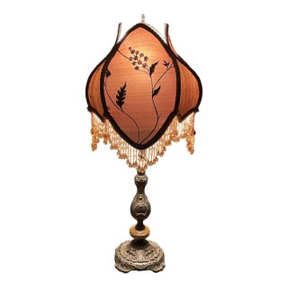Vintage Victorian Revival Table Lamp Heavy Brass Stone Base Amber Fringe Shade For Sale