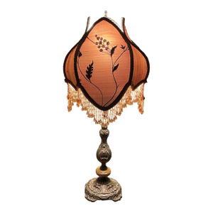 Vintage Victorian Revival Table Lamp Heavy Brass Stone Base Amber Fringe Shade