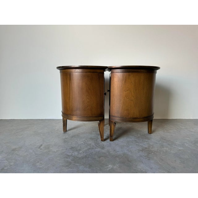 A Pair of Harold Schwartz for Romweber Demilune Pecan End Tables or Nightstands With Decorative Bronze Pulls For Sale - Image 11 of 12