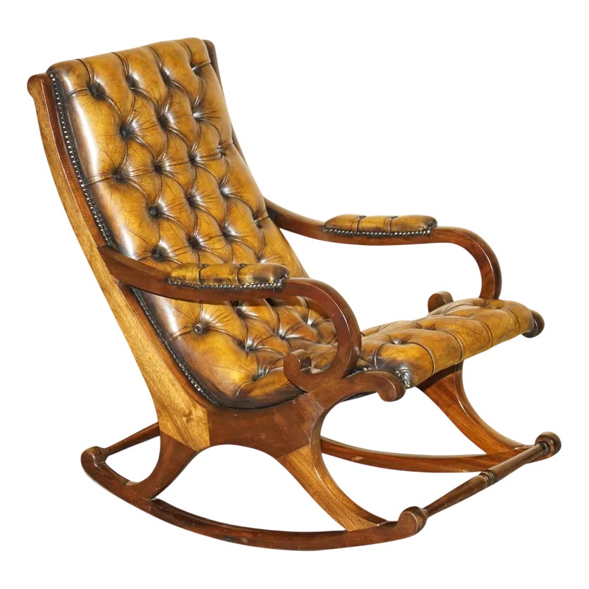 Vintage Brown Leather Chesterfield Rocking Armchair | Chairish