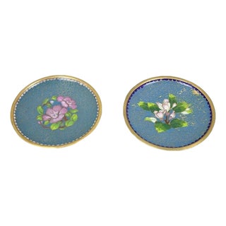 Vintage Brass Enamel Blue & Gold Floral Cloisonne Small Trinket Dish Set - Pair For Sale