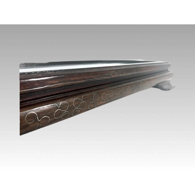 Wood Large Antique Oriental Rectangular Wood Display Stand Inlaid With Silver Wire 15.5" X 9" For Sale - Image 7 of 11
