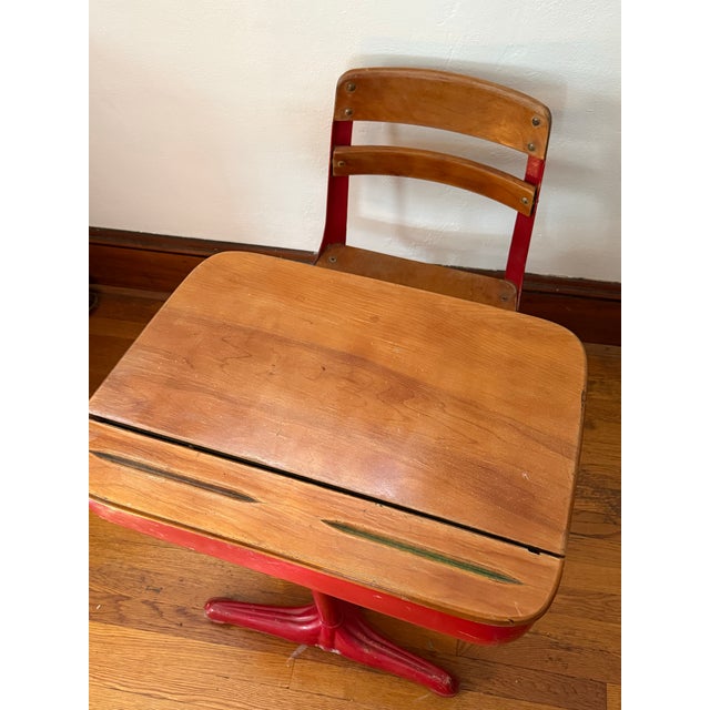 Mid Century Red Metal Children's School Desk With Attached Wood Seat For Sale - Image 6 of 10