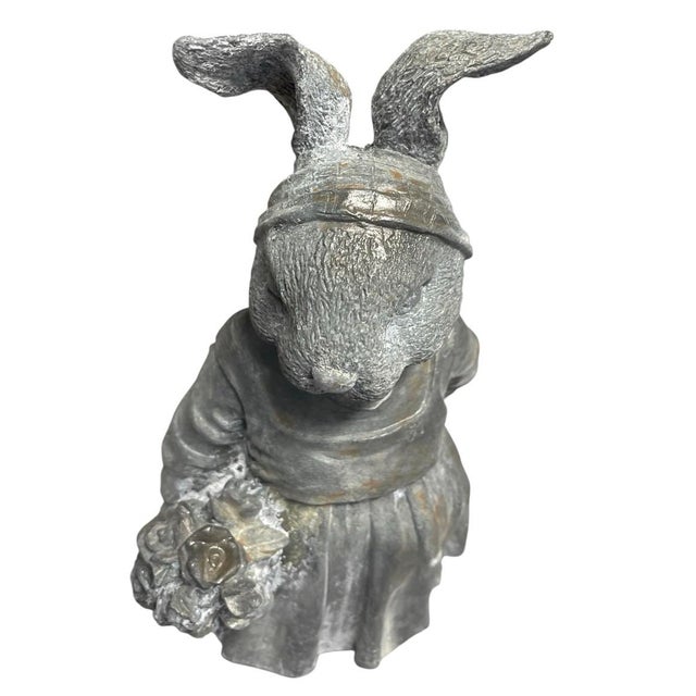 Vintage Cast Iron Anthropomorphic Rabbit Garden Statue With Bouquet For Sale In West Palm - Image 6 of 12