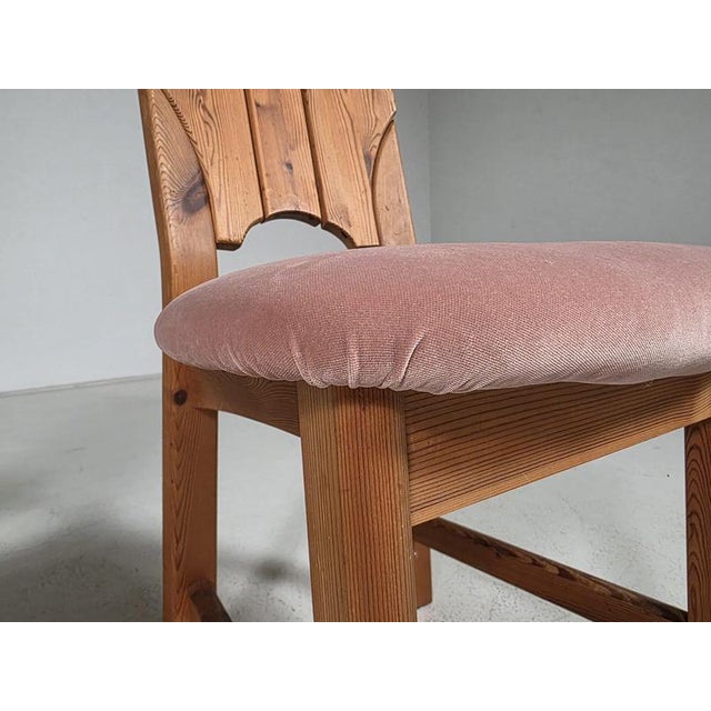 Wood Pink Velvet and Pine Dining Chairs, Sweden, 1970s, Set of 6 For Sale - Image 7 of 8