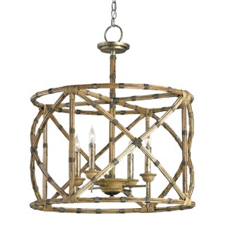 Large Rattan BambooChandelier With 4 Lights. Contrasted With Black Bindings. Modern Wiring. For Sale