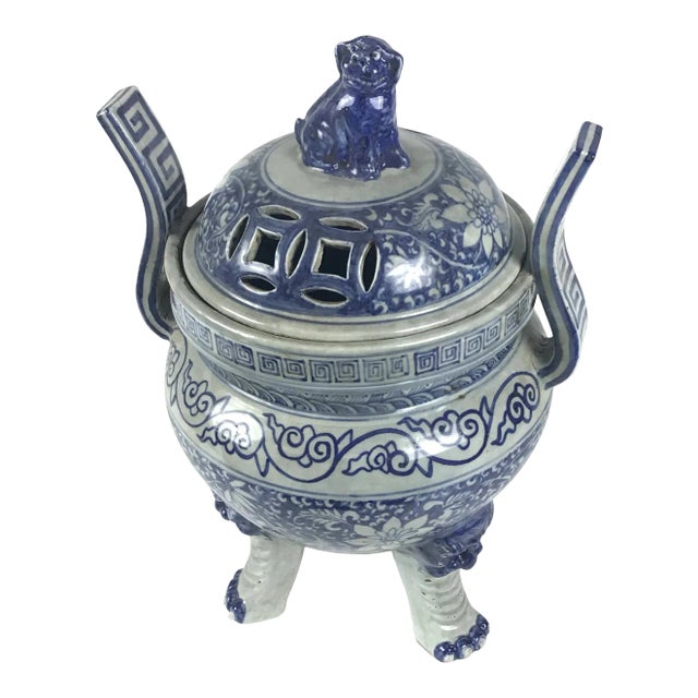 Antique Chinese Blue and White Tripod Incense Burner For Sale