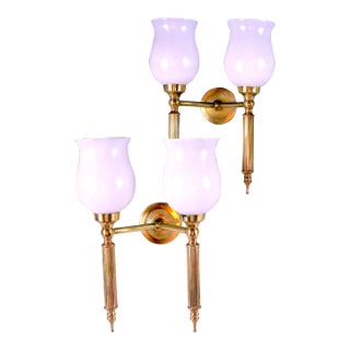 Maison Jansen, Pair of Neo-Classical Sconces With Original Tulip Opaline, France Mid-Century For Sale