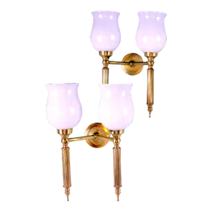 Maison Jansen, Pair of Neo-Classical Sconces With Original Tulip Opaline, France Mid-Century