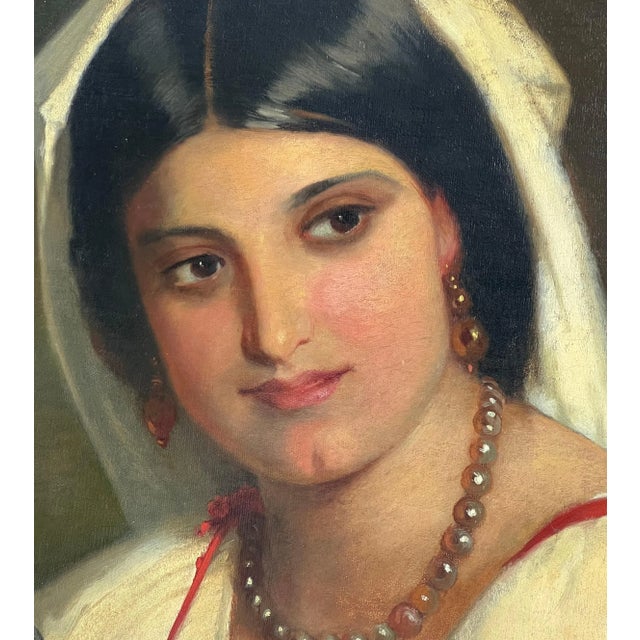 Unknown, Italian Girl with a Tambourine, Original Oil on Canvas, 1900s For Sale - Image 4 of 6