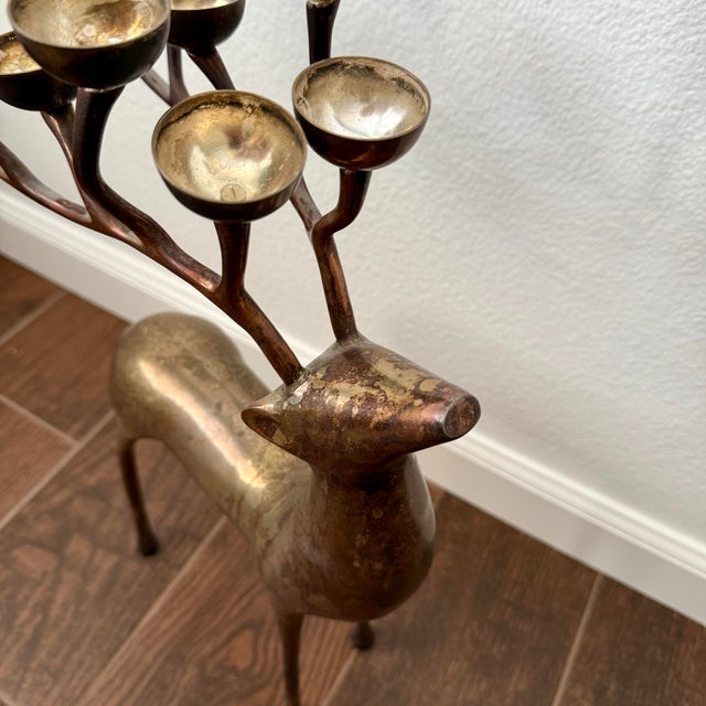 Vintage Williams Sonoma Candelabra Brass Deer Votive Candle Holder Reindeer 20” Heavily patina’d 1997 Christmas decor by...