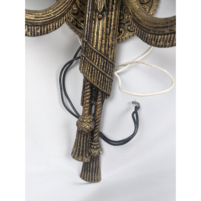 Metal Vintage Ornate Gold-Tone Two-Light Wall Sconces With Shades - Pair For Sale - Image 7 of 18