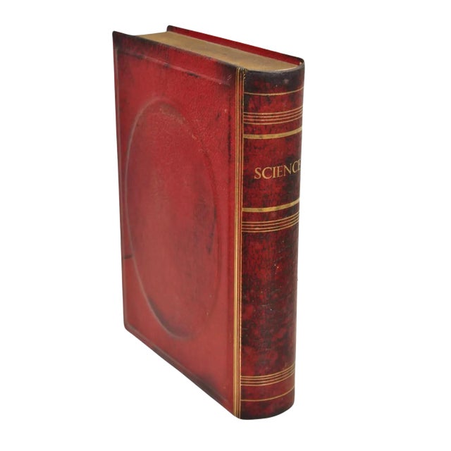 Vintage Italian Regency Red Leather Bound "Science" Faux Book Bookend For Sale