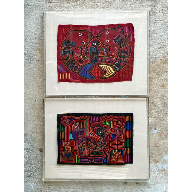 Late 20th Century Vintage Lucite Boxed Mola Textile Art - Pair For Sale - Image 5 of 18