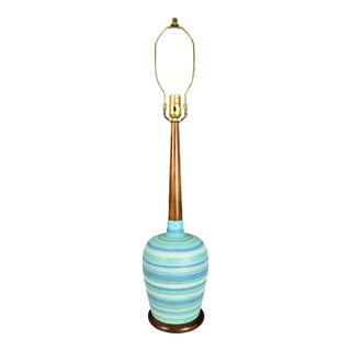 Mid 20th Century Danish Modern Blue Turquoise Striped Pottery Table Lamp For Sale