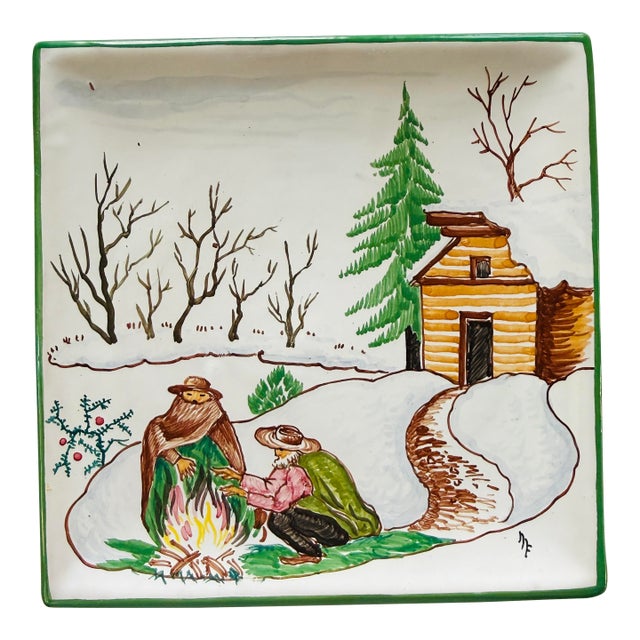 Vintage Italian Hand Painted Winter Wall Plate Cabin Snow Scene 6.25 Inch For Sale