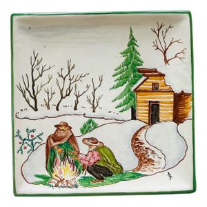 Vintage Italian Hand Painted Winter Wall Plate Cabin Snow Scene 6.25 Inch