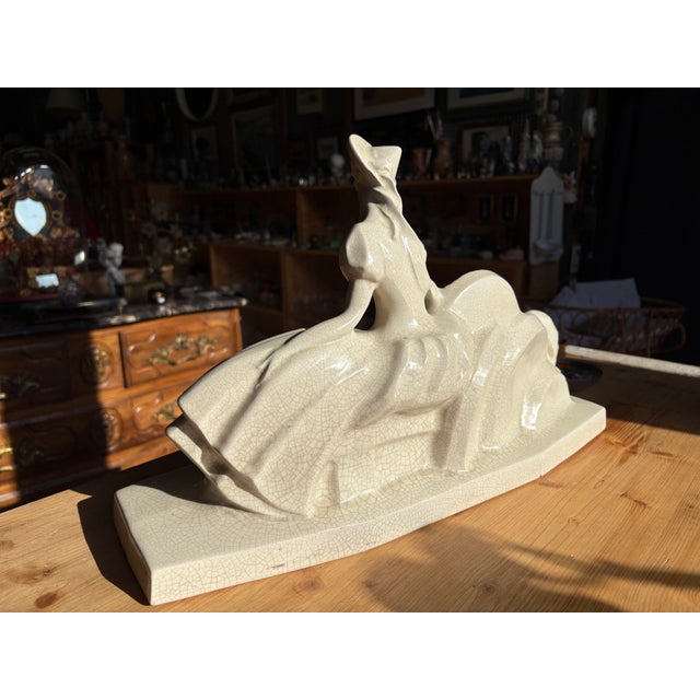 Lejan, Large Art Deco Sculpture of Lady with Greyhound, 1930s, Craquele Earthenware For Sale - Image 17 of 18