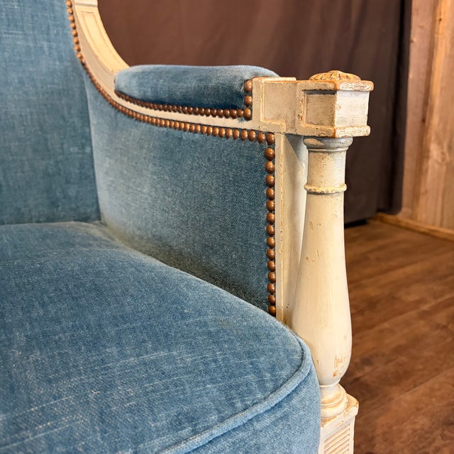Antique French Neoclassical Painted Armchairs or Bergères in Blue Mohair- A Pair For Sale - Image 4 of 11