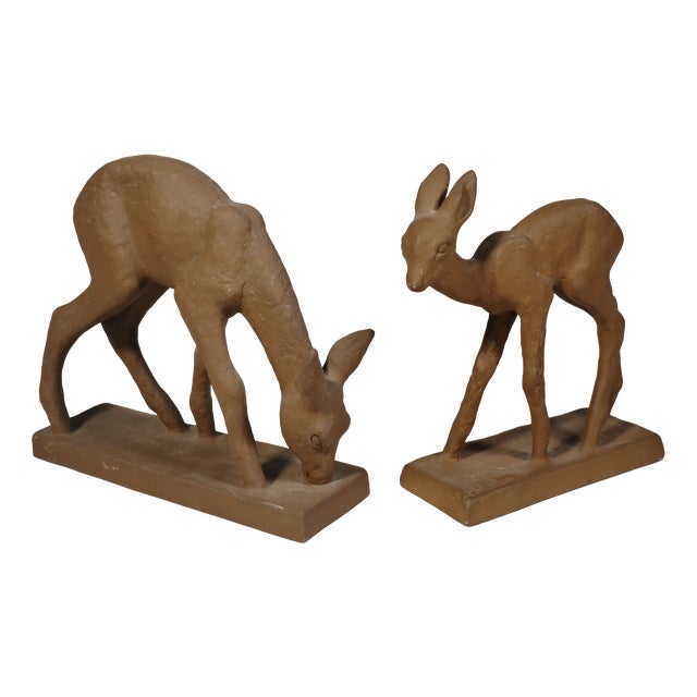 Mid-Century Deer Sculptures in Terracotta by Else Bach for Karlsruhe Majolica, 1950s, Set of 2 For Sale