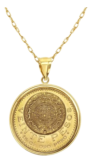 Veinte Pesos Gold Coin Necklace with Polished Bezel 14k Yellow Gold 16"